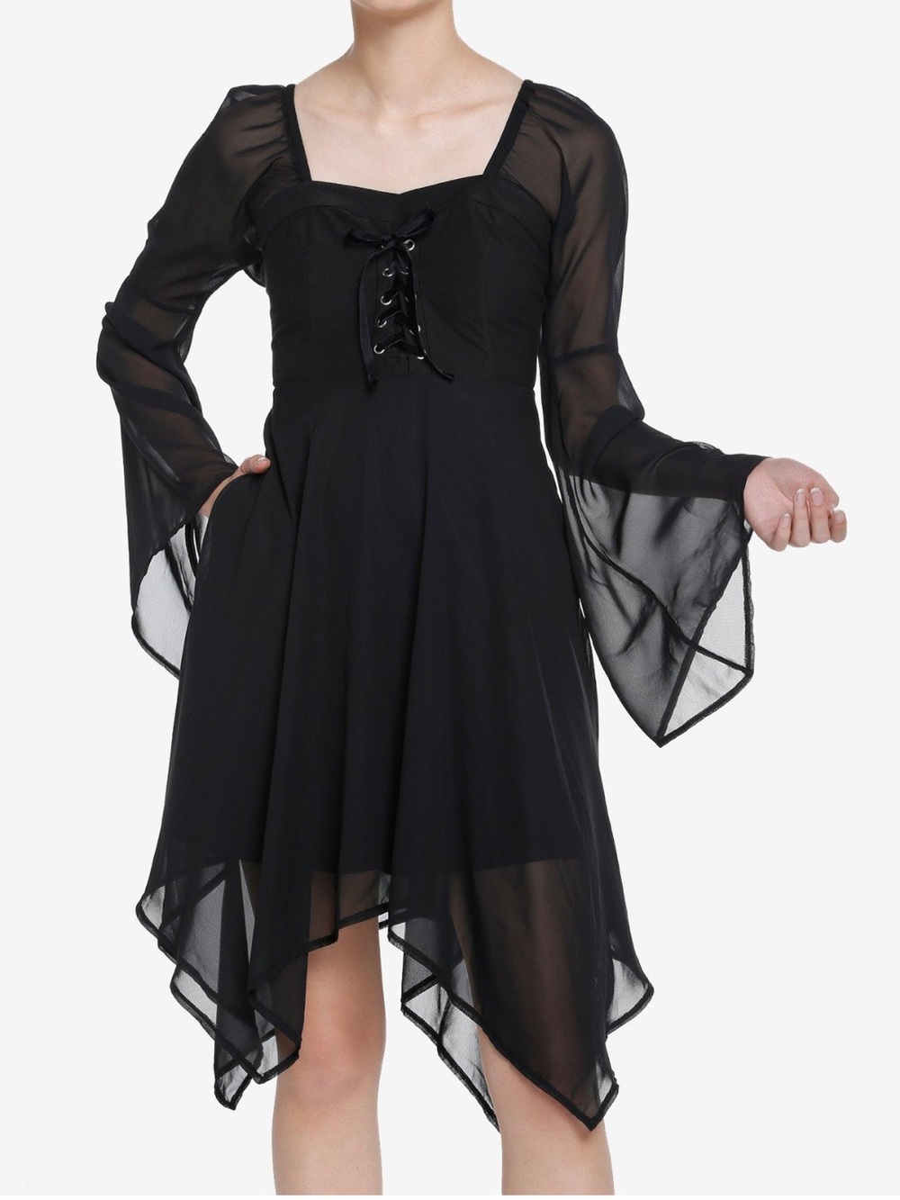 Cosmic Aura Hot Topic Black Lace-Up Bell Sleeve Dress witchy whimsigoth L